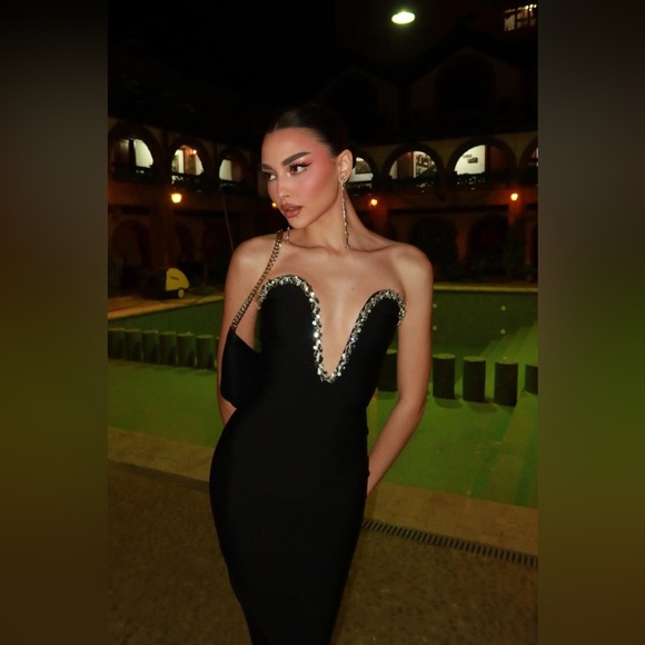 Black rhinestone strapless plunge bandage midi dress XS glam night out birthday - Picture 3 of 16
